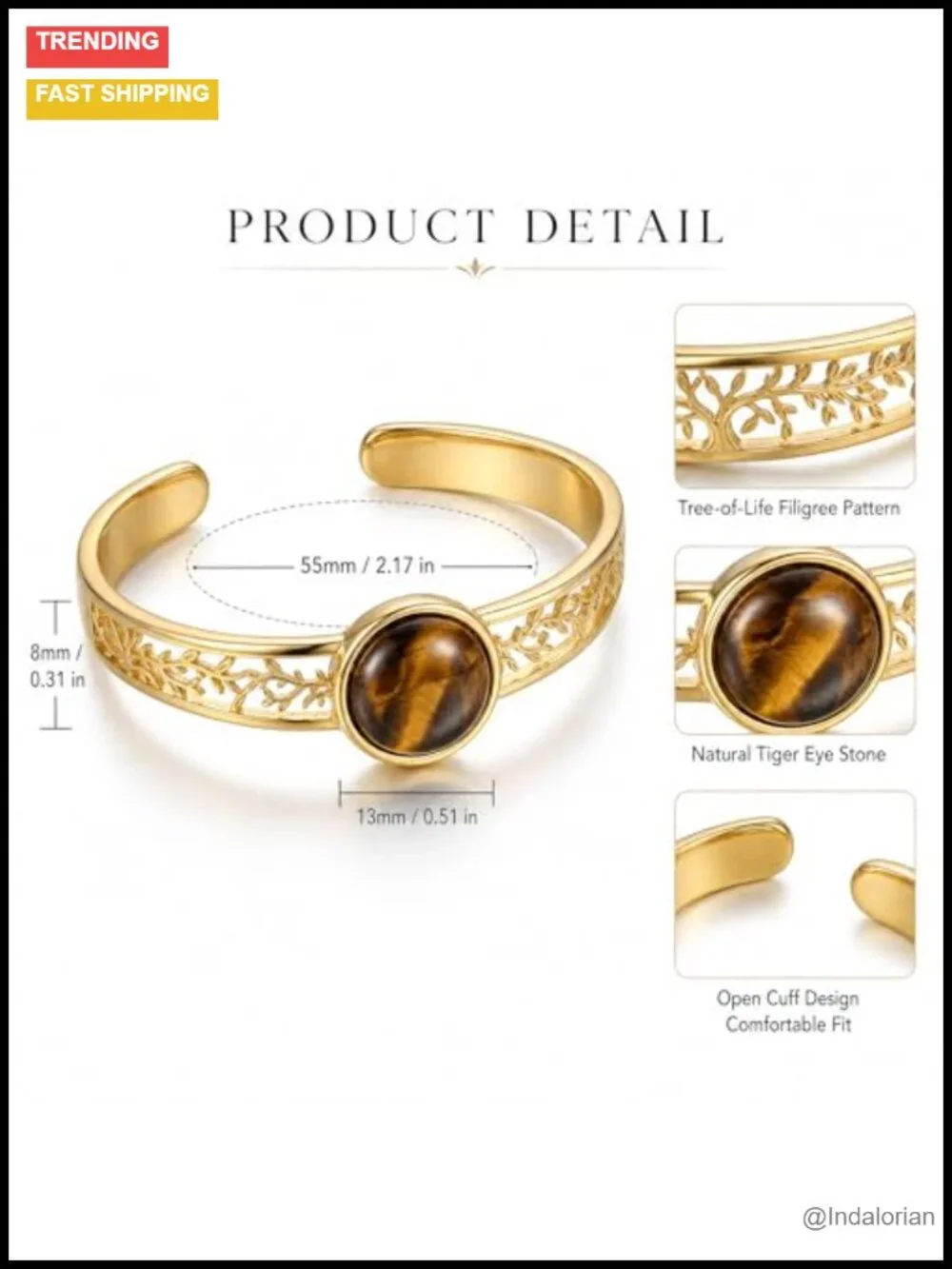 Tiger Eye Tree of Life Cuff Bracelet 14k Gold Plated Open Bangle